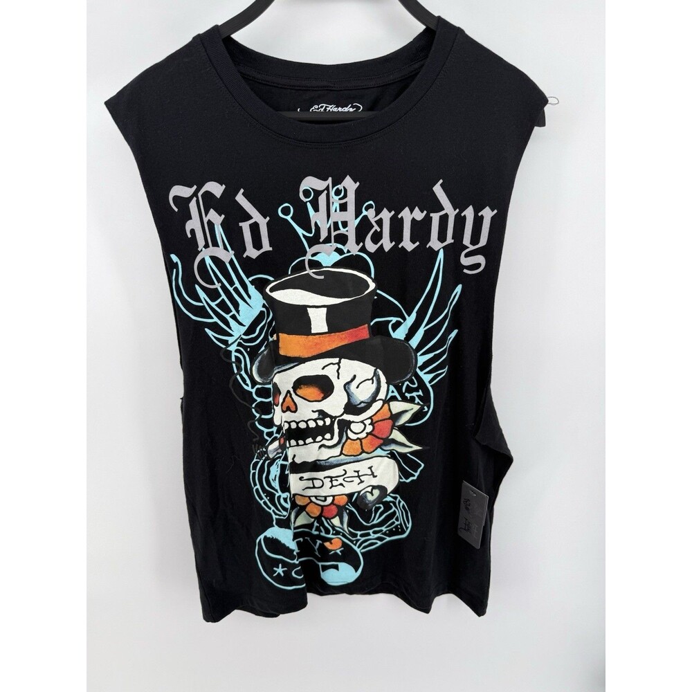 Ed Hardy Men's M Black Tank Top Sleeveless Skull Top Hat Shirt NWT